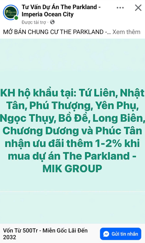 Bài đăng thông báo về chiết khấu hộ khẩu của dự án