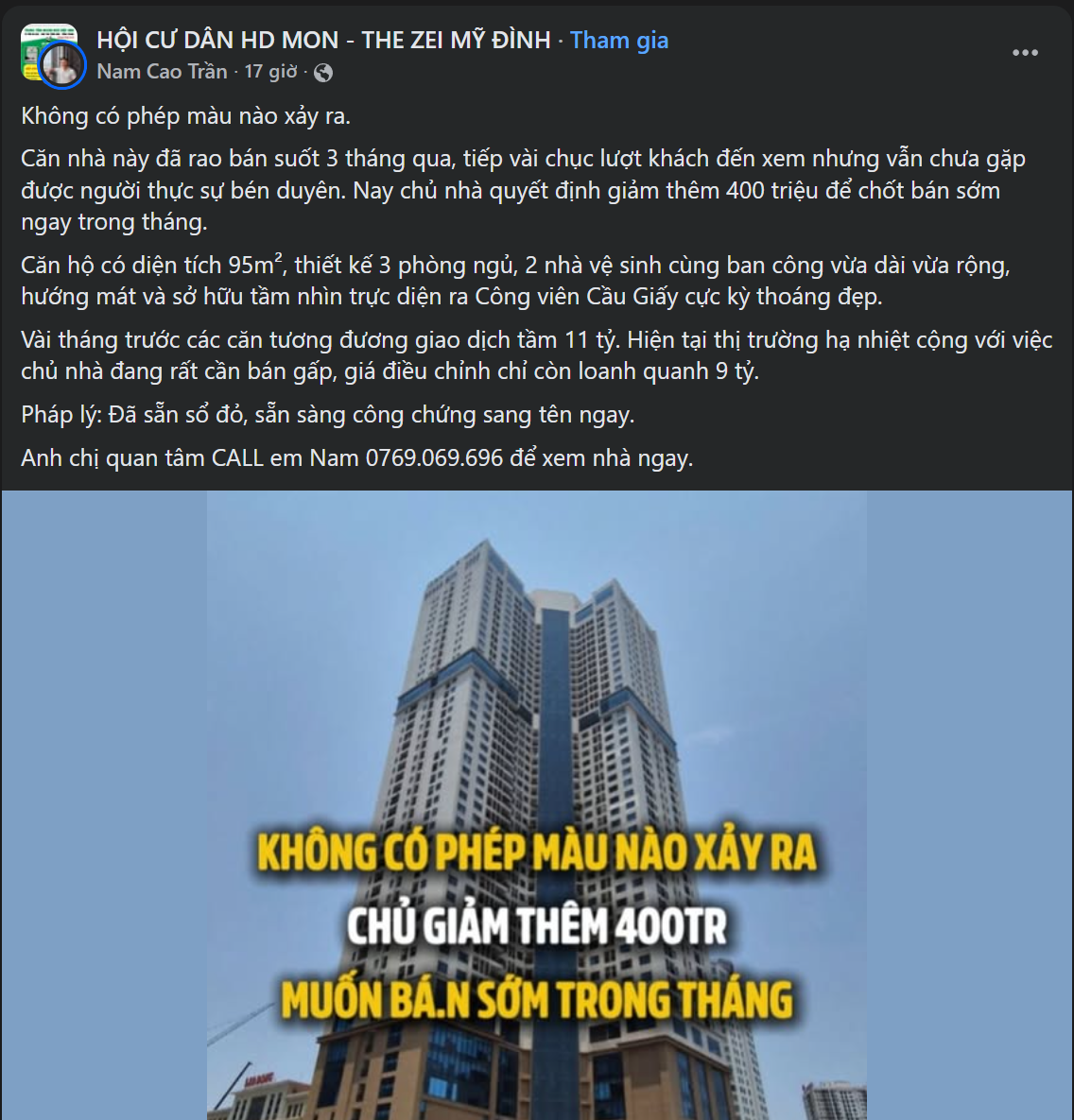 Bài đăng của môi giới về một căn hộ tại The Zei Mỹ Đình 