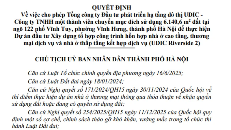 UDIC sắp xây tổ hợp cao tầng thứ 2 ở phường Vĩnh Hưng của Hà Nội