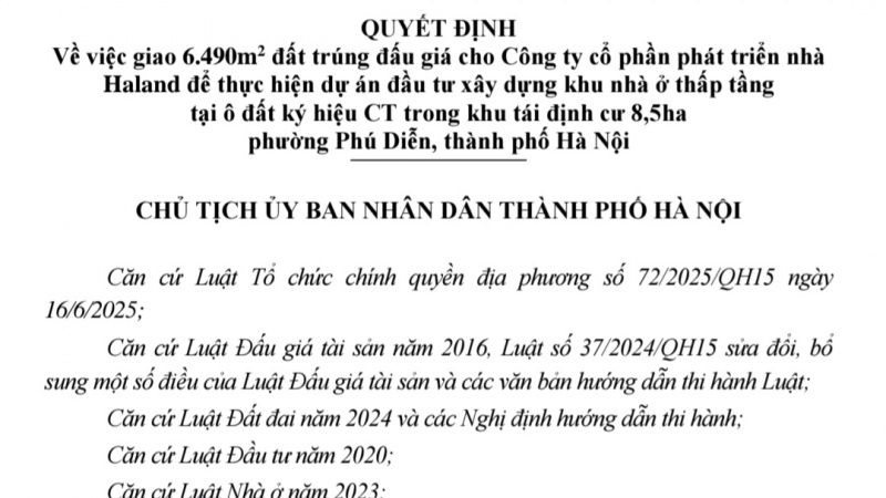 Haland được Hà Nội giao gần 6.500m2 "đất vàng" phường Phú Diễn xây loạt biệt thự bán