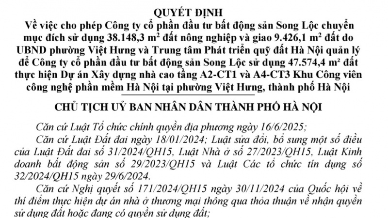 Song Lộc được Hà Nội cho phép chuyển 3,8 ha đất nông nghiệp ở phường cửa ngõ sang xây tổ hợp cao tầng