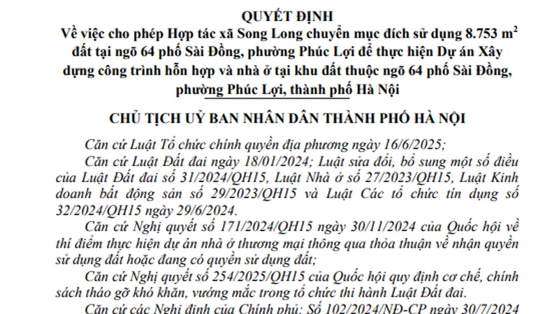 Hà Nội "gật đầu", Hợp tác xã Song Long được chuyển gần 9.000 m2 đất phố Sài Đồng sang xây tổ hợp cao tầng