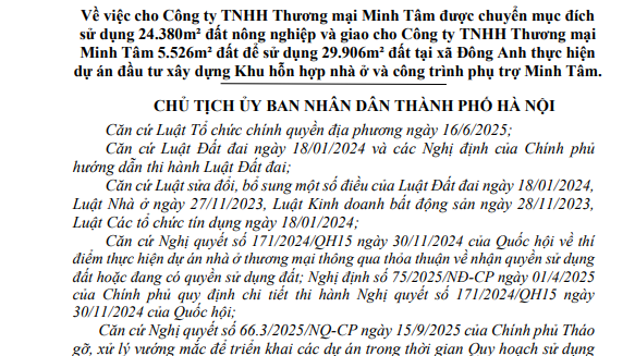 Đông Anh đón thêm dự án mới: Hà Nội vừa cho phép Minh Tâm chuyển gần 2,5 ha đất nông nghiệp sang xây tổ hợp cao tầng