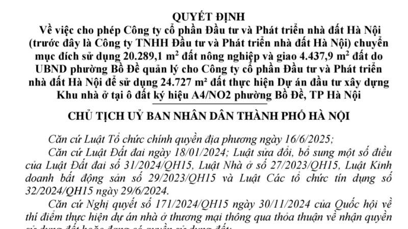 Phường Bồ Đề có thêm dự án mới: Đầu tư và Phát triển Nhà đất Hà Nội vừa được "bật đèn xanh" cho chuyển hơn 20.000m2 đất nông nghiệp sang xây tổ hợp cao tầng