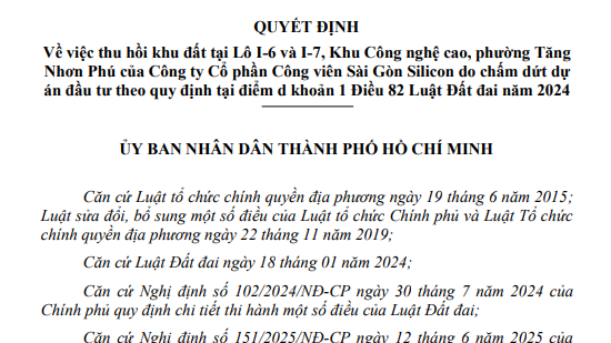 TP.HCM chấm dứt đầu tư, thu hồi hơn 51 ha đất dự án khu công nghệ cao của Công viên Sài Gòn Silicon
