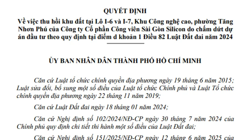 TP.HCM chấm dứt đầu tư, thu hồi hơn 51 ha đất dự án khu công nghệ cao của Công viên Sài Gòn Silicon