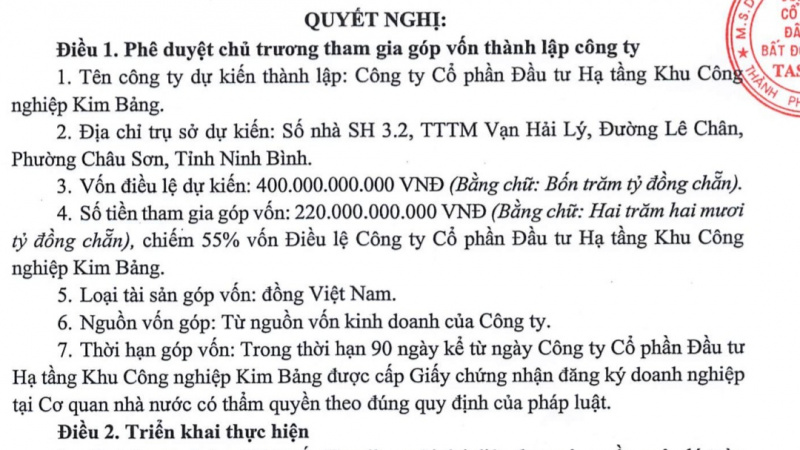 Taseco Land góp 220 tỷ lập công ty bất động sản chuẩn bị tiến vào Ninh Bình