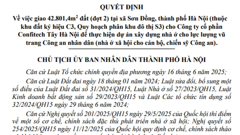 Confitech Tây Hà Nội được giao 4,2 ha đất xây nhà cho công an ở Sơn Đồng