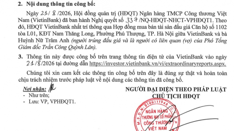 Vợ Phó tổng giám đốc VietinBank trúng đấu giá căn hộ của ngân hàng ở Ciputra