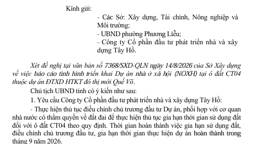 Bắc Ninh thúc tiến độ dự án nhà ở xã hội của Xây dựng Tây Hồ