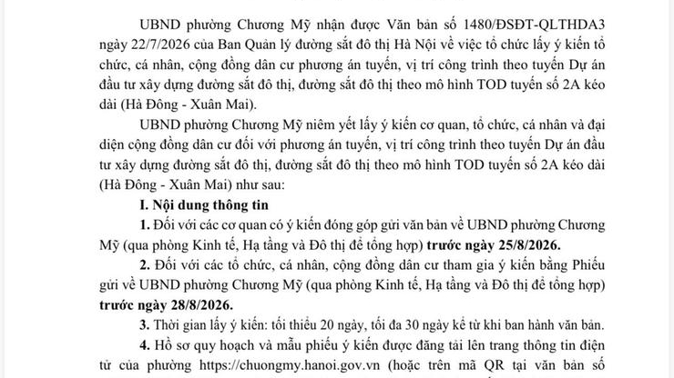 Phường Chương Mỹ (Hà Nội) niêm yết hồ sơ, lấy ý kiến nhân dân về phương án tuyến đường sắt đô thị số 2A kéo dài (Hà Đông – Xuân Mai)