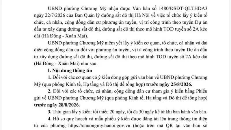Phường Chương Mỹ (Hà Nội) niêm yết hồ sơ, lấy ý kiến nhân dân về phương án tuyến đường sắt đô thị số 2A kéo dài (Hà Đông – Xuân Mai)
