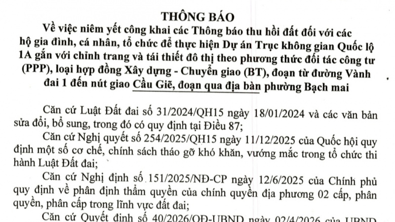 Phường nội thành Hà Nội bắt đầu thu hồi đất phục vụ mở rộng quốc lộ 1A lên 90m