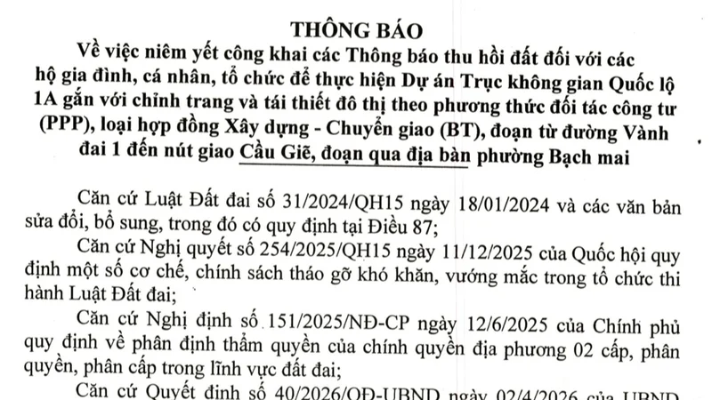 Phường nội thành Hà Nội bắt đầu thu hồi đất phục vụ mở rộng quốc lộ 1A lên 90m