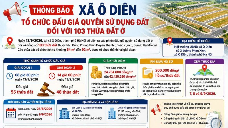 103 thửa đất xã ngoại thành Hà Nội lên sàn đấu giá ngày 13/9, khởi điểm từ hơn 24 triệu đồng/m2