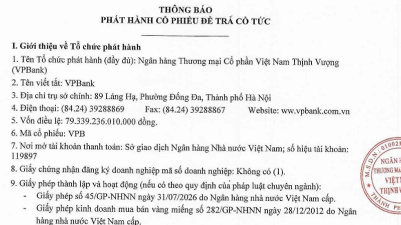 VPBank chốt ngày phát hành hơn 2 tỷ cổ phiếu trả cổ tức cho cổ đông, nâng vốn điều lệ vượt 100.000 tỷ đồng