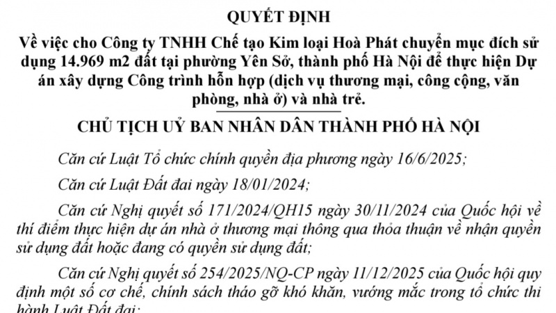 Chế tạo Kim loại Hòa Phát được Hà Nội cho chuyển gần 1,5ha đất Yên Sở sang xây tổ hợp cao tầng