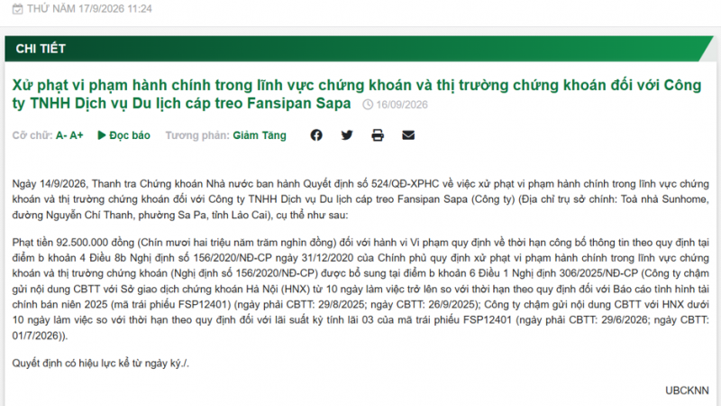Chủ Fansipan Sapa bị phạt gần 100 triệu đồng