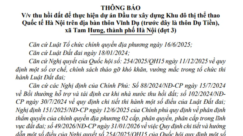 Một xã của Hà Nội phát thông báo thu hồi đất đợt 3 dự án Khu đô thị Olympic của Vingroup