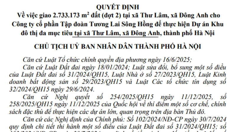 Tương Lai Sông Hồng được giao thêm 273 ha đất xây khu đô thị đa mục tiêu ở Đông Anh