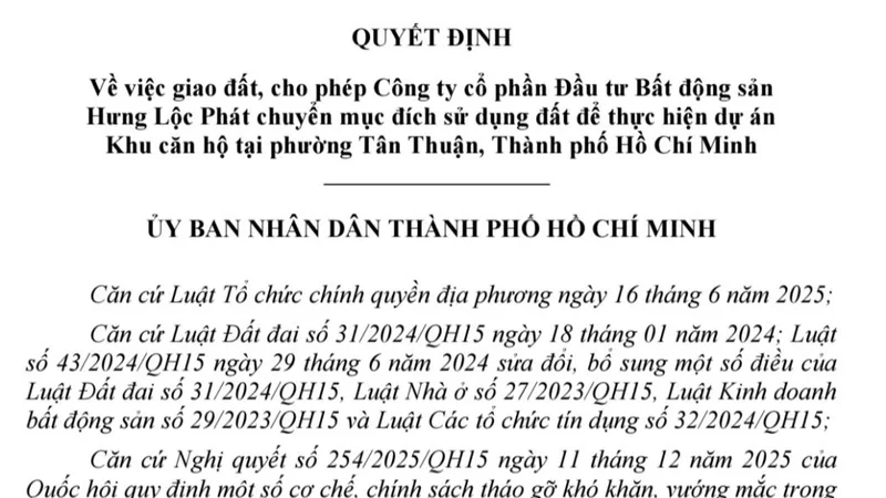 Hưng Lộc Phát được TP.HCM cho chuyển 2,6 ha đất nông nghiệp phường Tân Thuận sang xây cao ốc